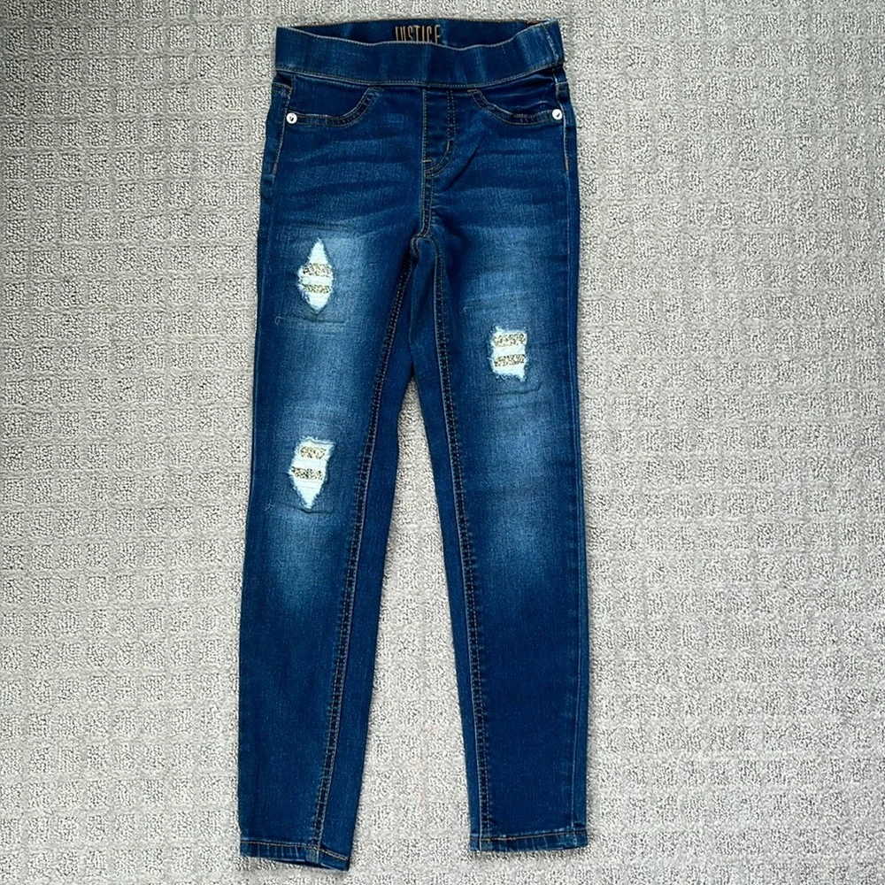 Justice Mid Rise Denim Jegging Dark Blue Distressed Glitter Patches Girls 8 Slim